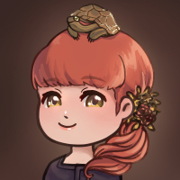 A chibi-style drawing of a redhead woman with green eyes. On top of her head is a turtle.